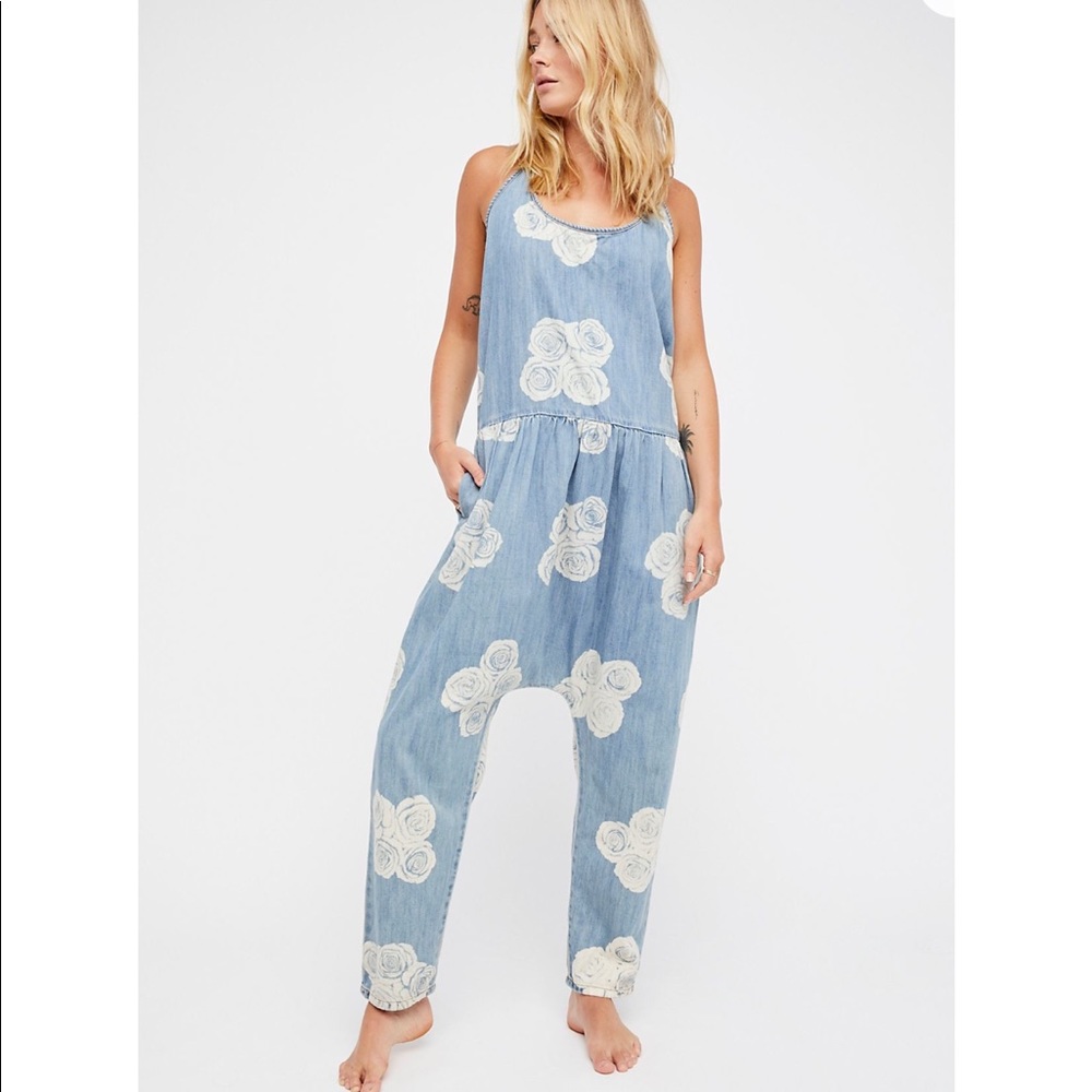 Free People Light Blue Denim Romper with Cream Floral Appliqué